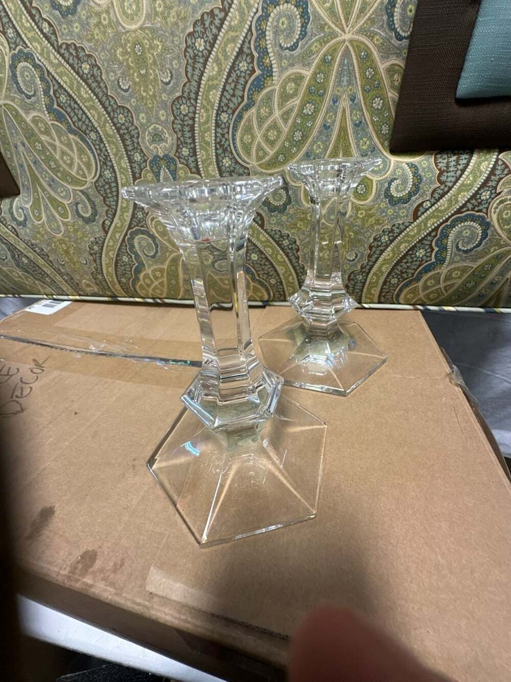 Pair of Val St Lambert Elysee Pattern Belgium Crystal Cut Glass Candlesticks